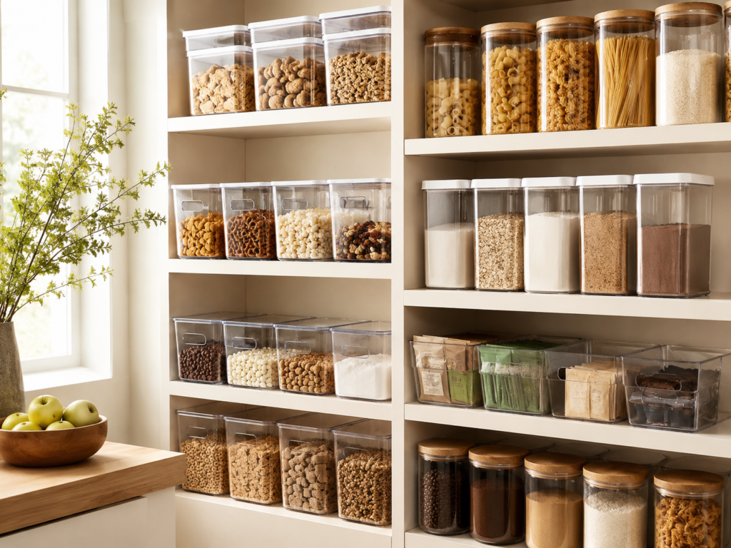 Clear pantry bins for organized kitchen storage