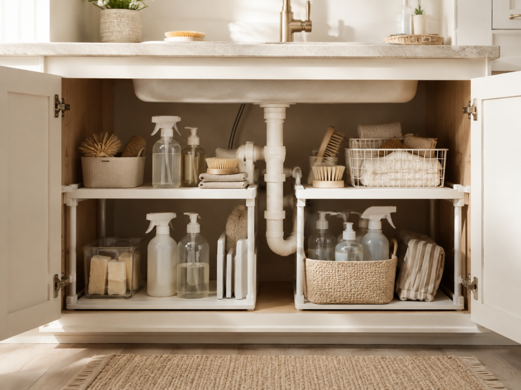 Under-sink organizer for cleaning supplies and small household items
