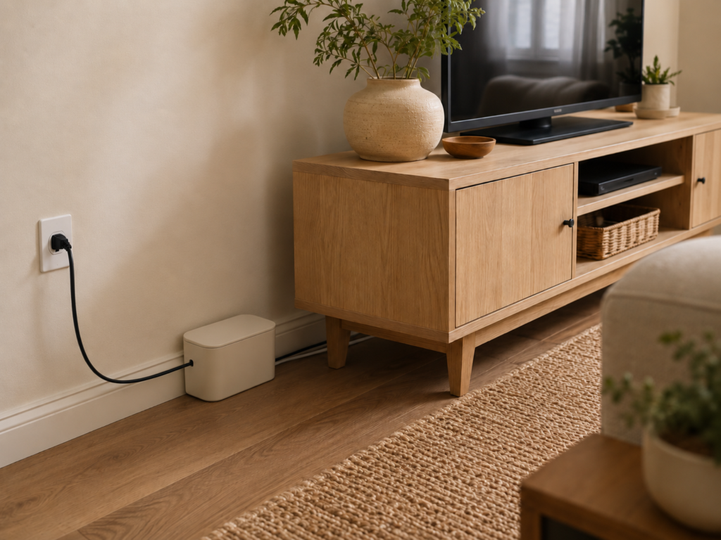 Small cable management box keeping TV stand cords neat and hidden