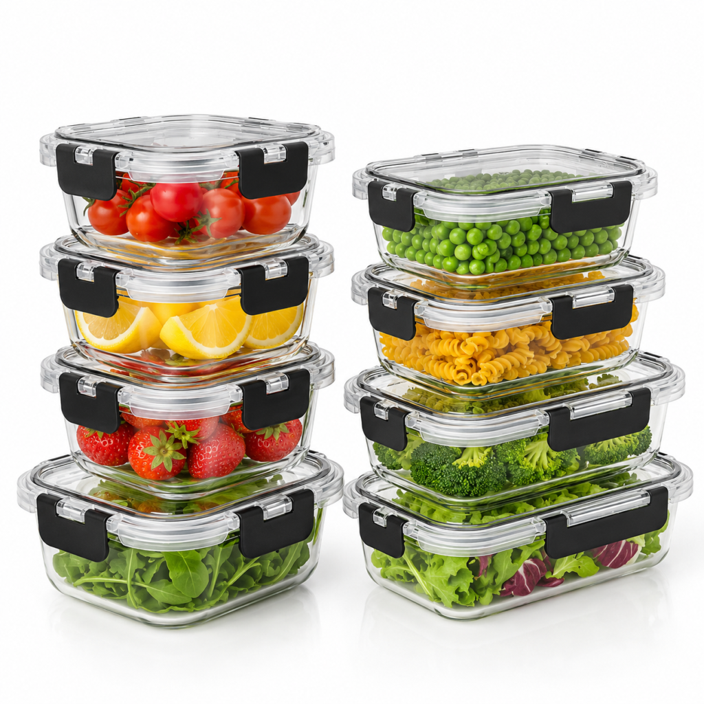 Glass food storage containers with fresh ingredients for organized fridge storage