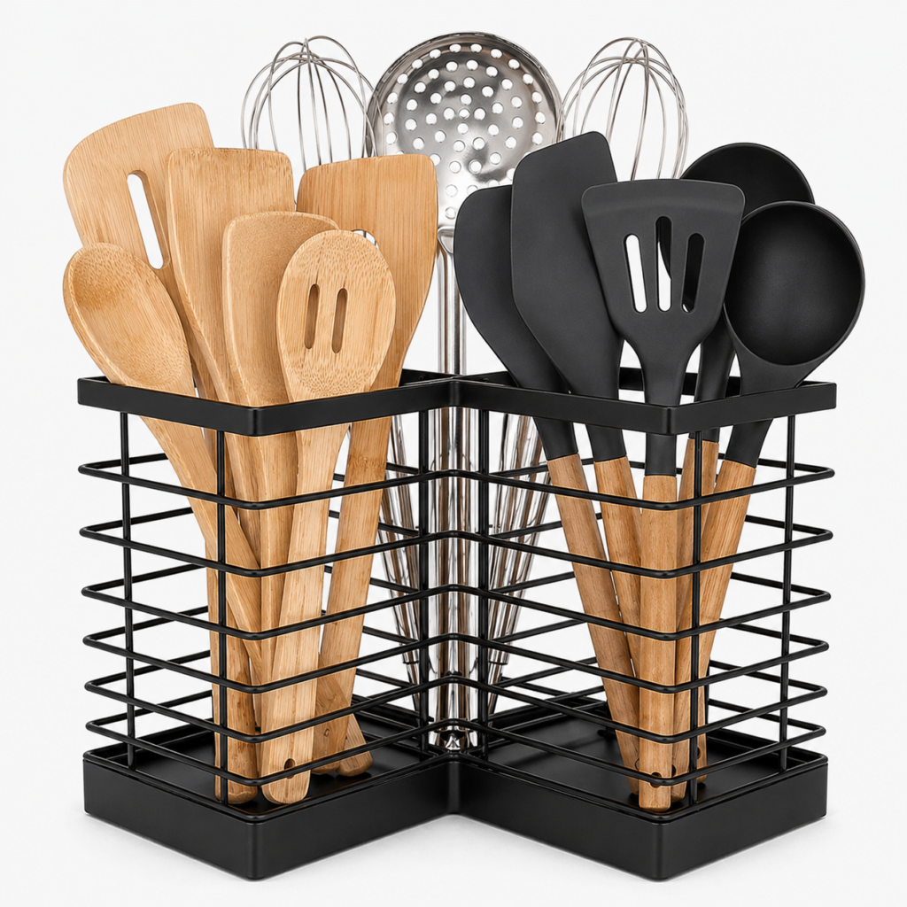 Suli Extra Large Kitchen Utensil Holder with 3 Compartments,Matte Black Metal Corner Kitchen Caddy for Countertop,Farmhouse Rustic Cooking Storage-Black