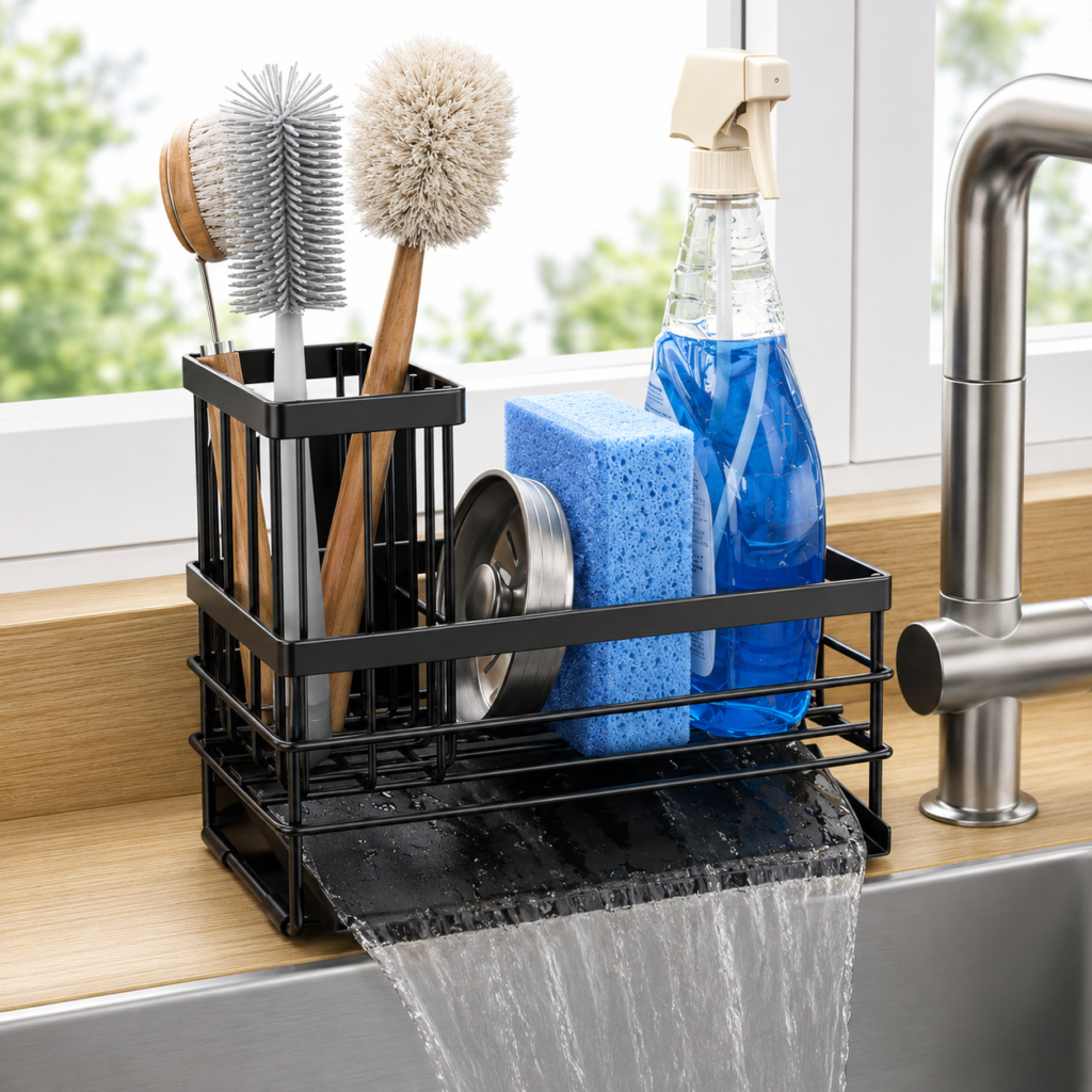 Sink caddy organizer for sponges, brushes, and dish soap near a kitchen sink