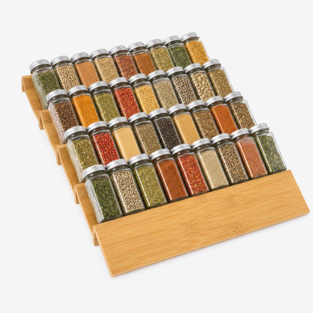 Spice Drawer Organzier,4 Tiers Bamboo Spice Rack Tray Insert for Cabinet Drawer Countertop, Kitchen Seasoning Storage Drawer Organization