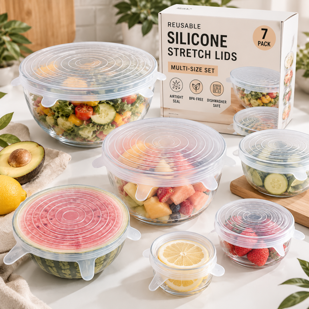 Reusable Silicone Stretch Lids for Food Storage in Fridge - Elastic Heat-Resistant Bowl Covers, Cups, Cans, Jars - Universal Food Grade Lid for Round and Rectangle Containers - Dishwasher Safe -7 Pack