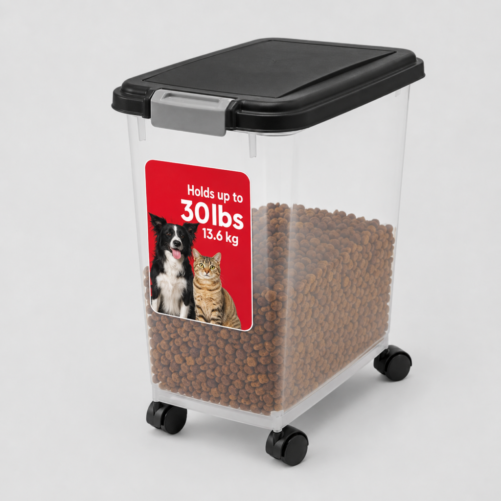 Airtight pet food storage container with wheels filled with dry dog or cat food.
