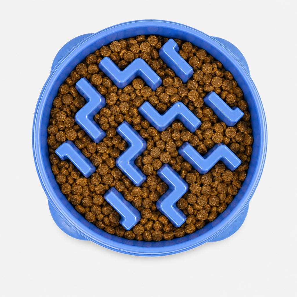 Blue slow feeder bowl filled with dry dog food and raised maze sections.

