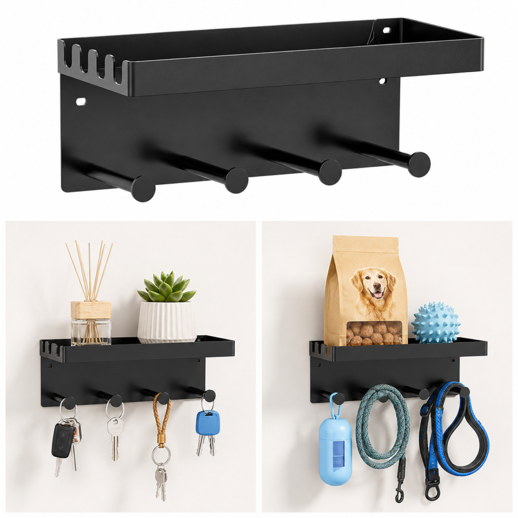 Wall mounted dog leash holder with shelf and hooks for pet accessories