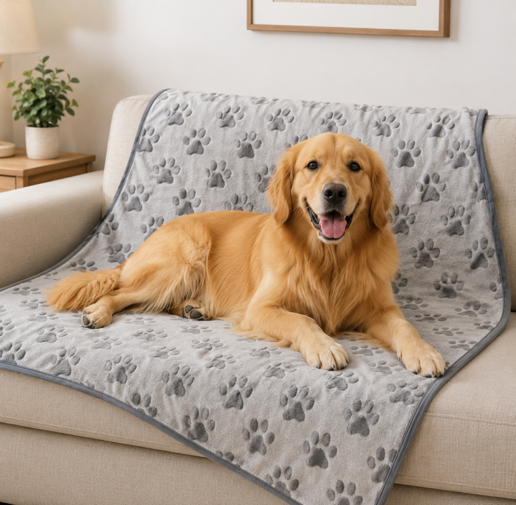 Soft washable pet blanket for dogs and cats on a cozy sofa
