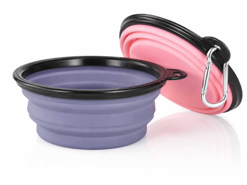 Collapsible travel bowl with clip for dog food and water on walks or trips