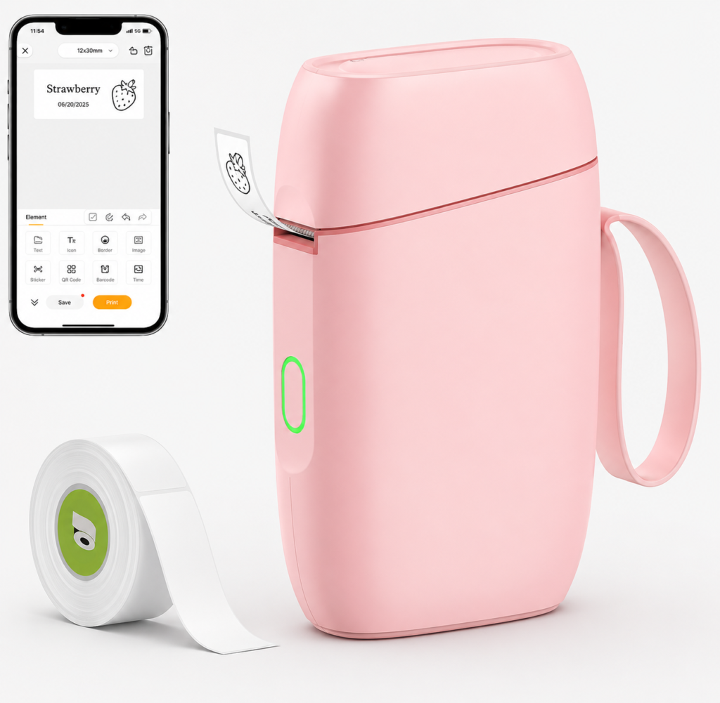 Pastel pink label maker with smartphone app and label roll for organizing home items.