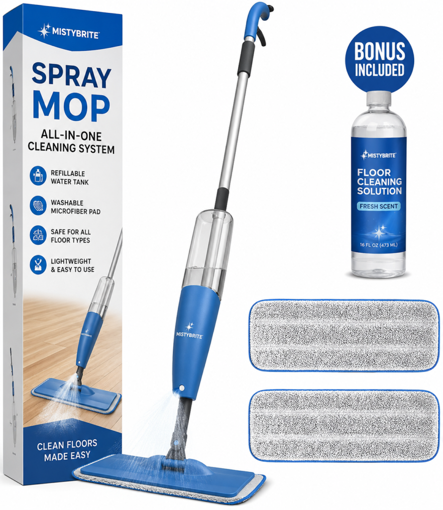 Spray mop with refillable bottle and washable microfiber pad for everyday floor cleaning