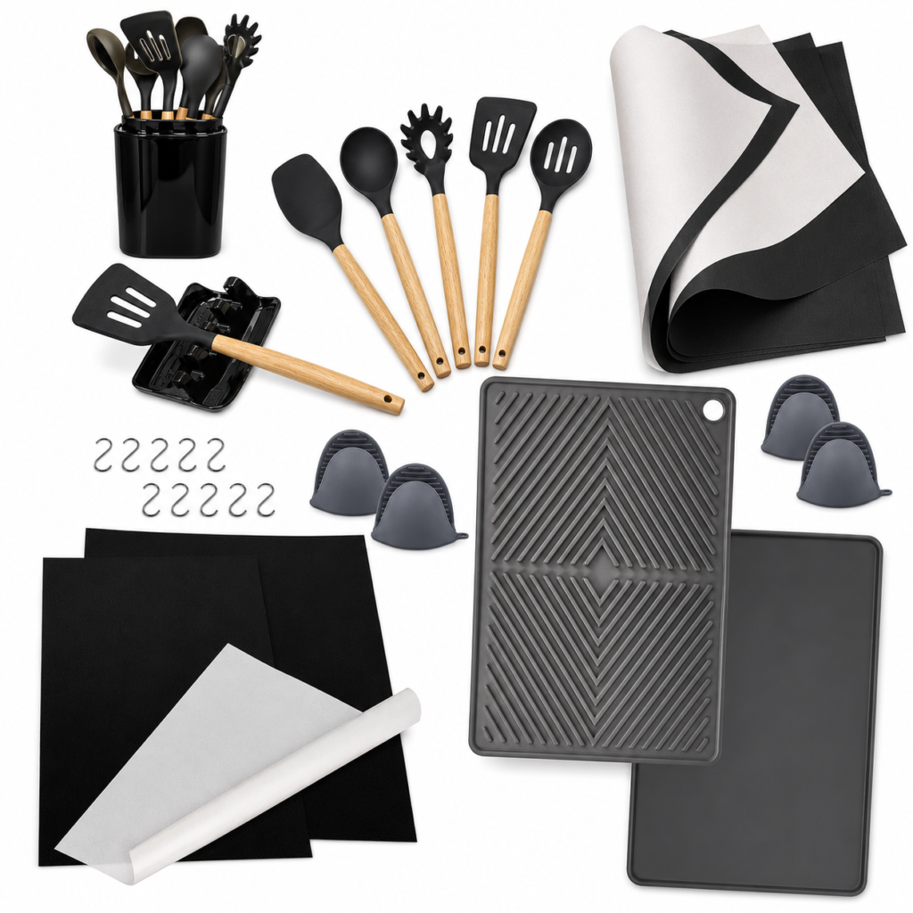 Kitchen gift basket items with useful utensils, towels, and cozy kitchen accessories