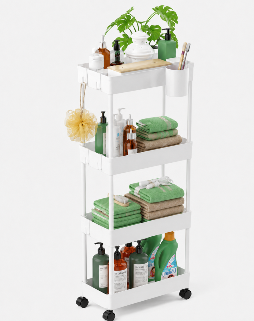 Slim rolling storage cart with wheels for small kitchen, bathroom, laundry room, or narrow spaces