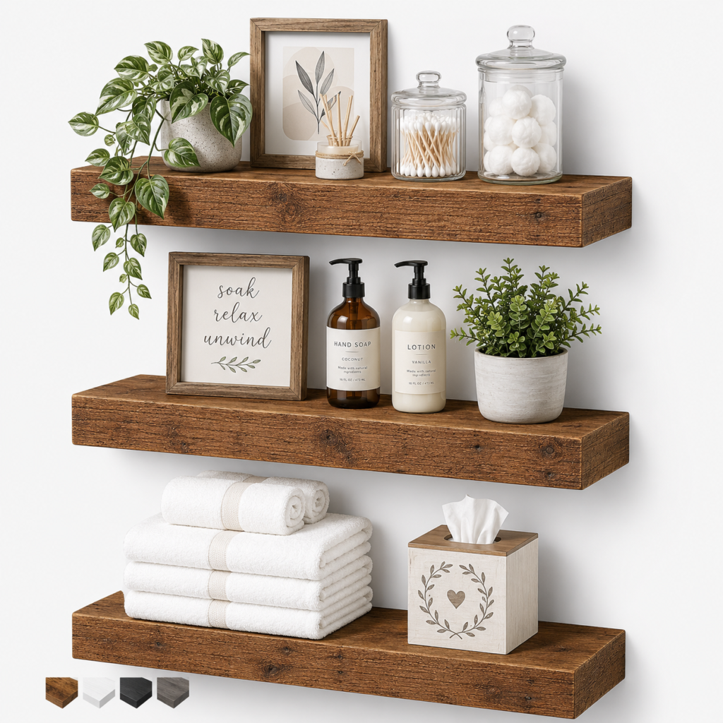 Wall-mounted shelf for small space storage in a bathroom, bedroom, kitchen, or entryway