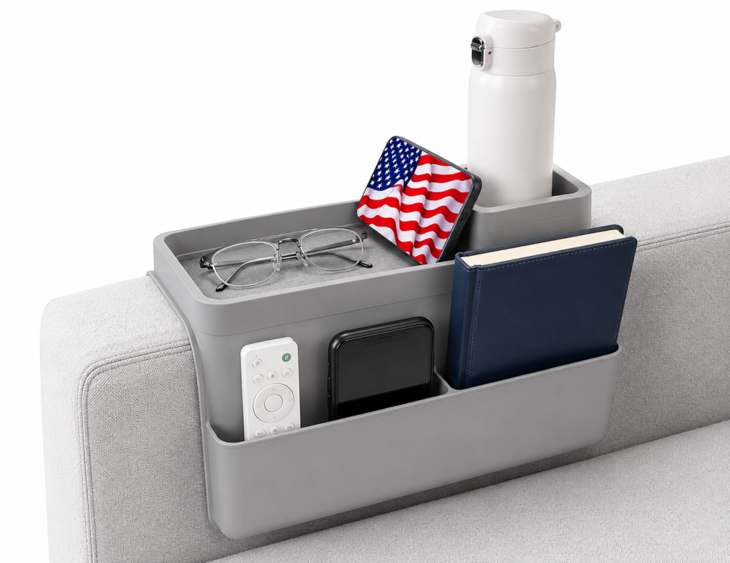 Bedside caddy organizer for small bedrooms, dorm rooms, and compact living spaces