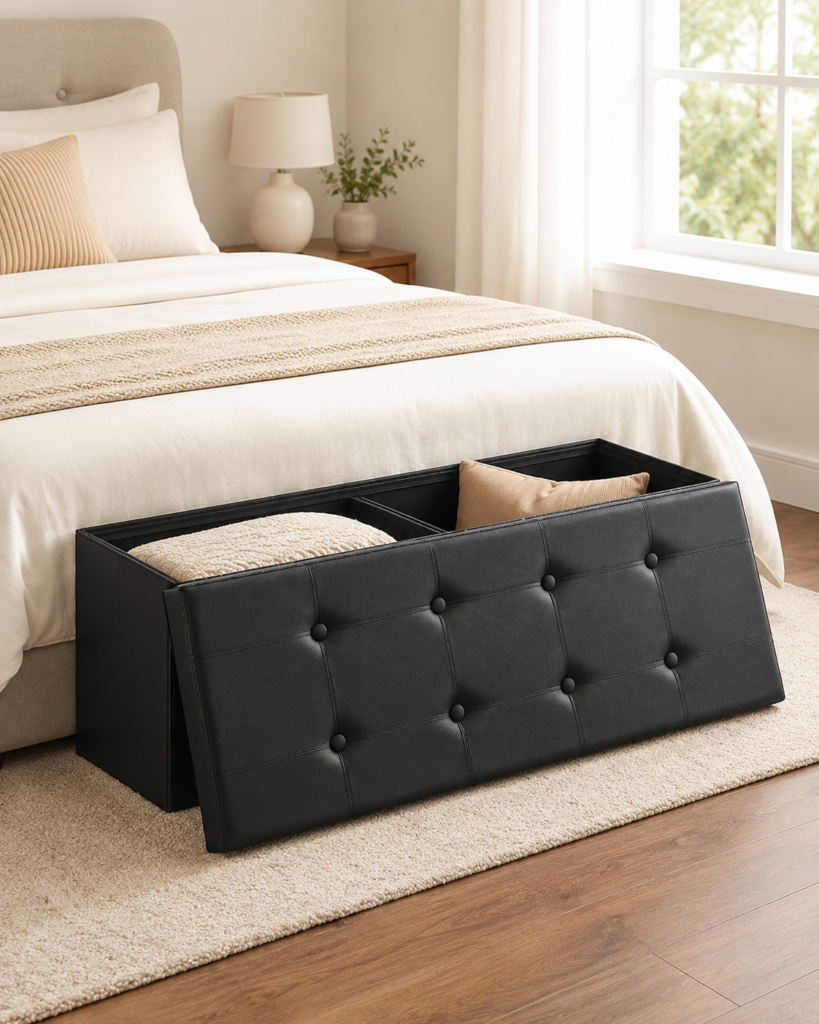 Collapsible storage ottoman with lid for small living rooms, bedrooms, and compact spaces