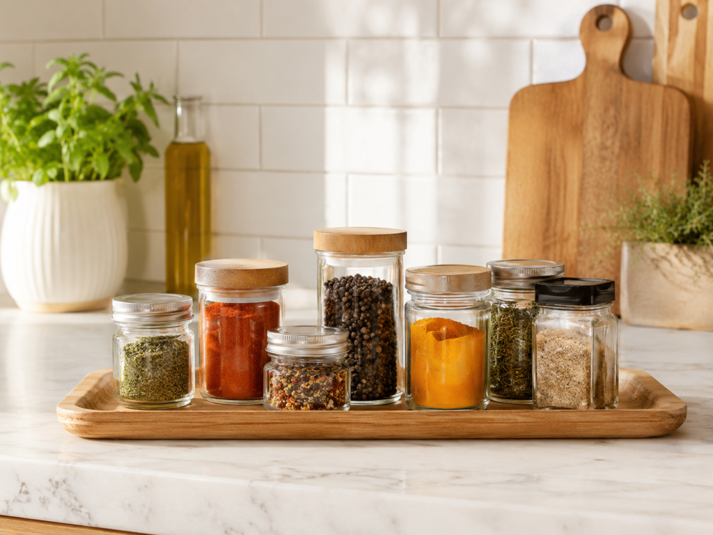 Small kitchen counter organization with a tray of spice jars on a light kitchen countertop