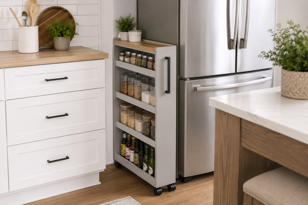 Slim rolling kitchen storage cart between cabinet and refrigerator for small kitchen organization