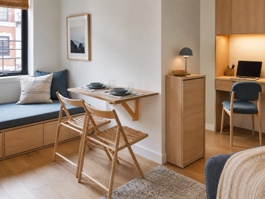 Compact apartment corner with a folding table and built-in storage.