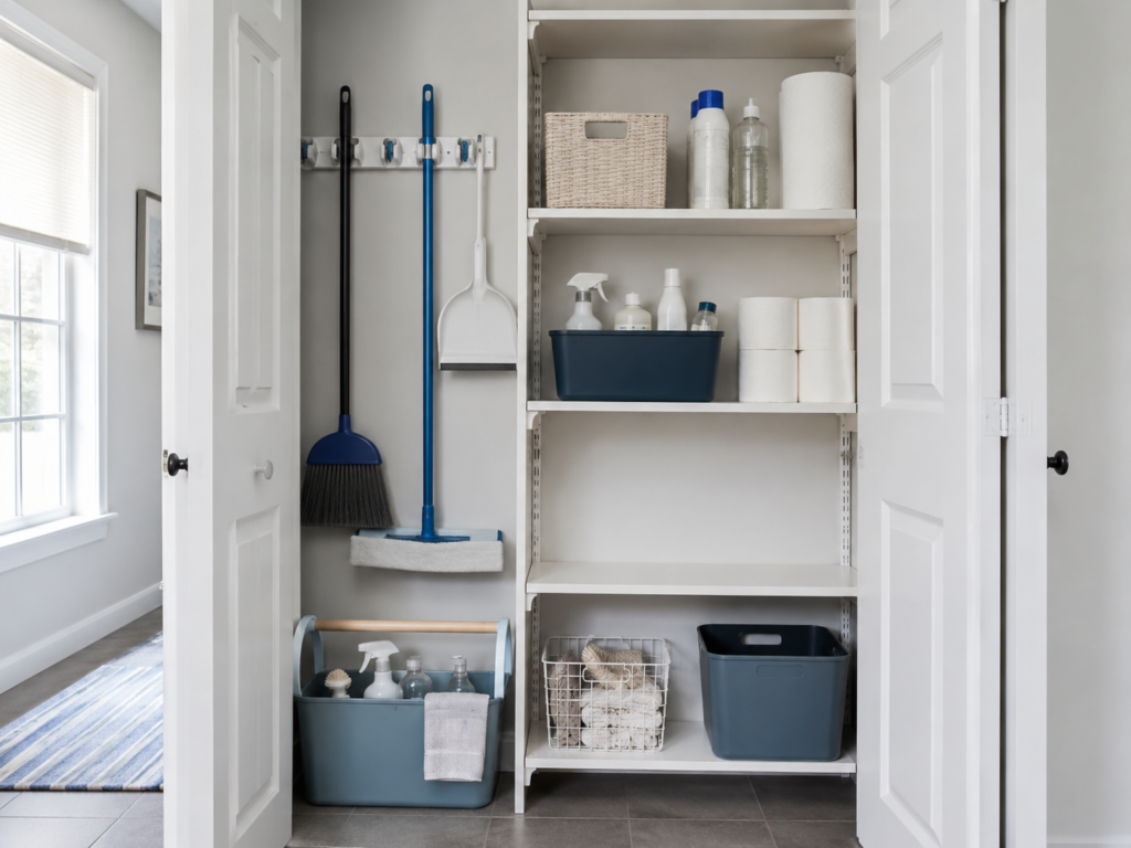 Organized utility closet with cleaning tools and clearly separated storage zones.