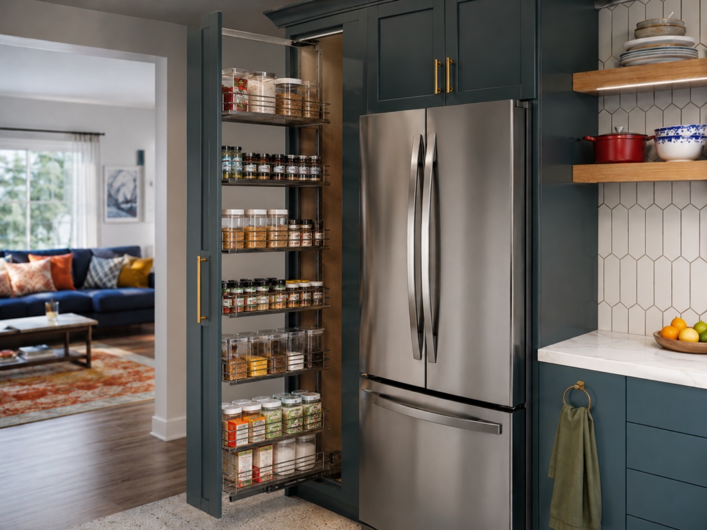 Organized pantry cabinet and kitchen drawer with practical storage dividers.