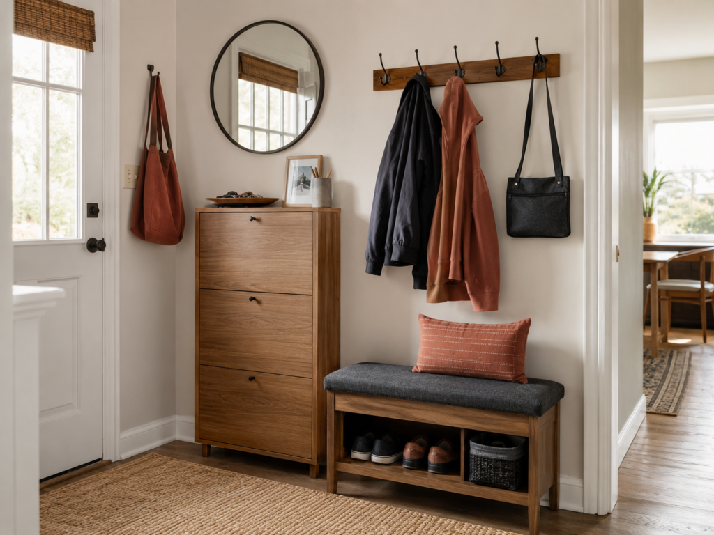 Organized utility closet with cleaning tools and clearly separated storage zones.
